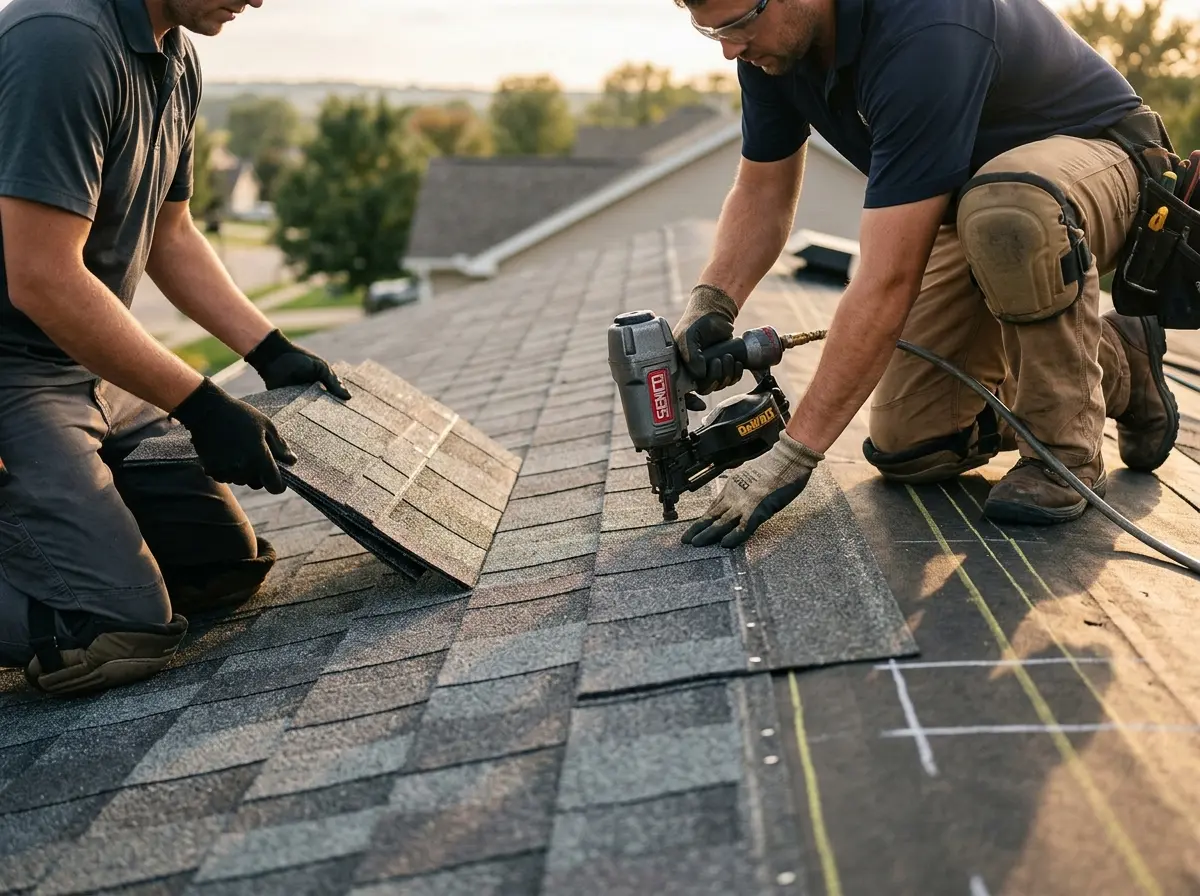 Professional roofer working on a residential roof in Broadview